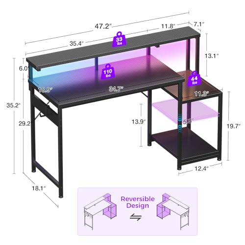 AODK 48 Inch Gaming Desk with LED Lights, Computer Desk with Storage Shelves, Reversible Desk with Monitor Stand, Carbon Fiber Black