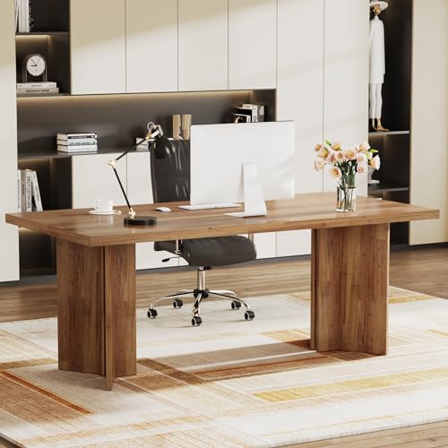 Tribesigns 63-inch Executive Desk, Vintage Home Office Computer Desk with Large Tabletop, Farmhouse Wood Writing Conference Table Workstation for Office, Study, Walnut Brown