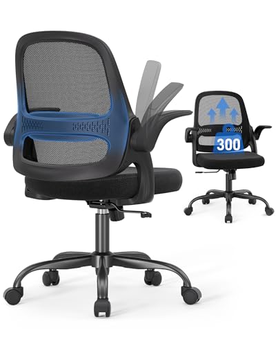 Ergonomic Mesh Office Chair for Home Office, Flip-Up Arms, Breathable Mesh Back & Thick Seat Cushion, Swivel Rolling Computer Desk Chair, BIFMA Certified, Supports 300 lbs (Black Frame/Black Seat)