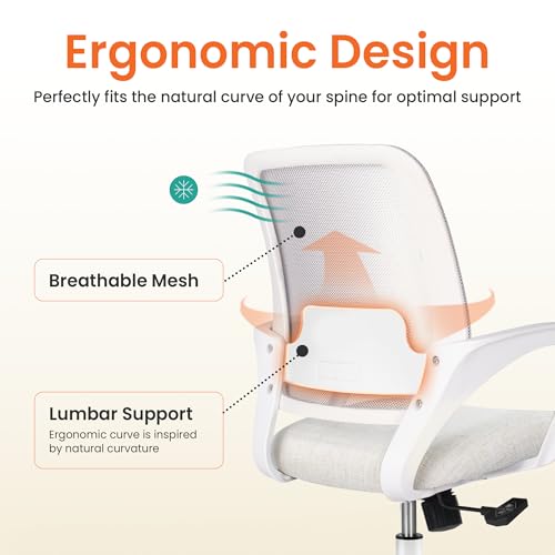 NEO Chair Office Desk Computer Ergonomic Chair Comfy Mid Back Mesh Seat with Lumbar Support Adjustable Height Swivel Rolling Wheels for Home Task Vanity Study Bedroom (Ivory-White Frame)