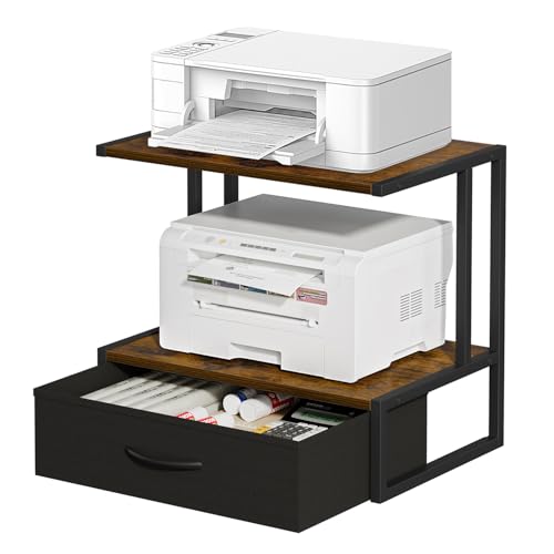 VYUOL Printer Stand with Storage for Desk, with Fabric Drawer Desktop Printer Stand Shelf Organzier for Home Office, for Above and Under Desk Printer Table, Fax Machine Copier Scanner, Brown