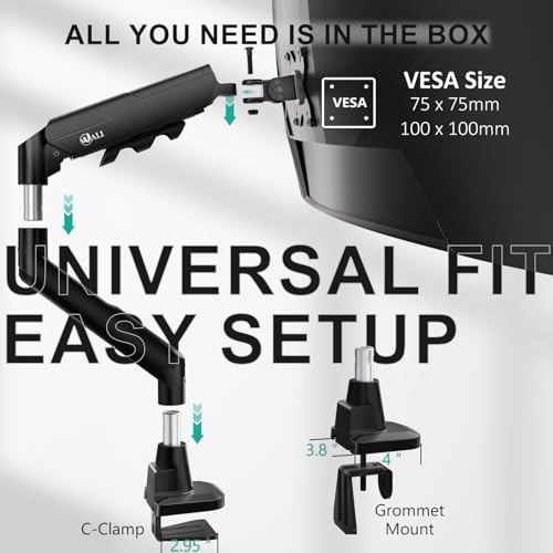 WALI Heavy Duty Single Monitor Arm for 17-49 Inch Flat Curved Ultrawide Screens, up to 33 Lbs, Adjustable Single Monitor Desk Mount for Home Office Gaming, VESA 75/100mm (GSM001XLN), Black