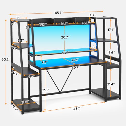 SEDETA Gaming Desk 65.7'' with LED Lights, Hutch and Storage Shelves, Computer Desk with Monitor Stand, Large PC Gamer Desk Workstation, Ergonomic Gaming Table for Bedroom, Living Room, Black