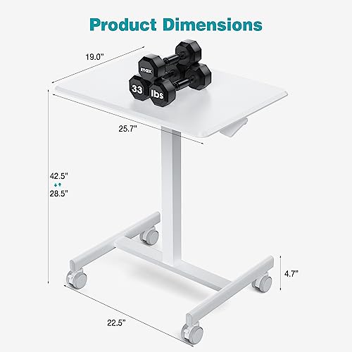 DUMOS Mobile Small Standing Desk, Portable Rolling Laptop Desk with 2 Lockable Wheels, Adjustable Height Computer Workstation for Home Office, 19 Inch White
