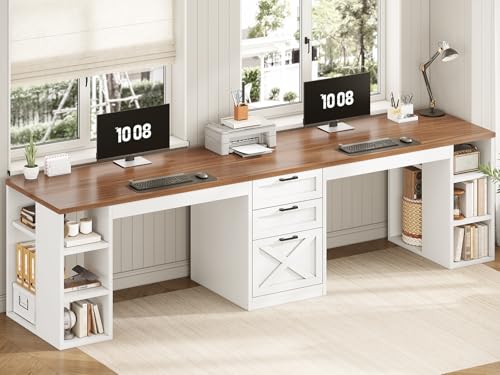 SEDETA Farmhouse 96.5" Computer Desk with Drawers, 2 Person Home Office Desk, Gaming Double Desk with Storage Shelves, Long Two Person Writing Desk (White and Brown)