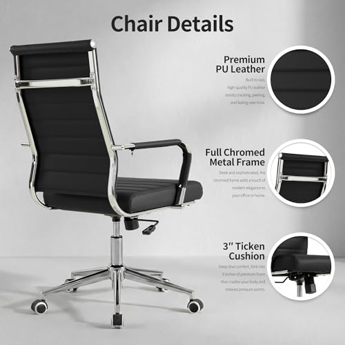 Okeysen Office Desk Chair, Ergonomic Leather Modern Conference Room Chairs, Executive Ribbed Height Adjustable Swivel Rolling Chair for Home Office. (Black)