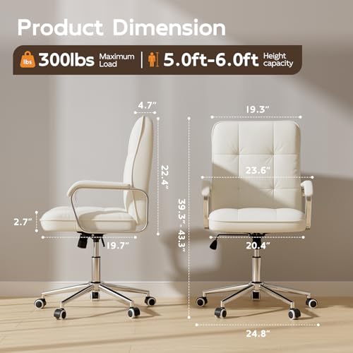 HomeZeer White Office Chair, Mid Back Leather Desk Chair with Wheels and Padded Arms, Swivel Vanity Chair for Bedroom, Computer Chair for Study and Work