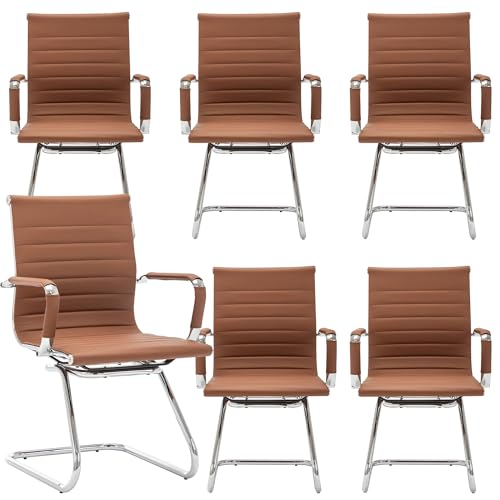 DM Furniture Conference Room Chairs Set of 6, Waiting Room Chairs with Arms, Faux Leather Reception Chairs No Wheels, Office Guest Chairs with Mid Back Support and Chrome Sled Base, Cafe