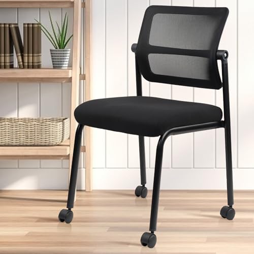 CLATINA Stacking Armless Office Waiting Room Chair with Wheels, Stackable Mesh Guest Reception Desk Chairs with Adjustable Backrest for Conference Lobby Side School, Black, 4 Pack