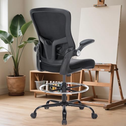 Drafting Chair, Tall Office Chair with PU Leather Seat, Ergonomic Standing Desk Chair with Lumbar Support Counter Height Office Chair with Adjustable Footrest Ring Flip-up Armrests