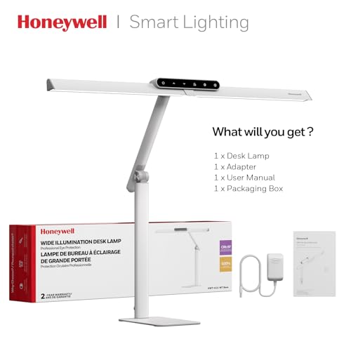 Honeywell LED Desk Lamp with Base - HJ1WT Sunturalux Eye-Caring Architect Desk Lamp for Home Office, 1200LM Computer Desk Light 4 Color Modes Stepless Dimming Task Desk Light with Timer Function White