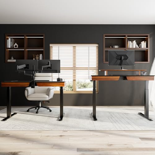 EUREKA ERGONOMIC Adjustable Desk Leather Electric, 55 Inch Height Executive Standing Desk with Drawers, Sit Stand Workstation for Home Office,Monitor Shelf,Wireless Charging – Black & Brown