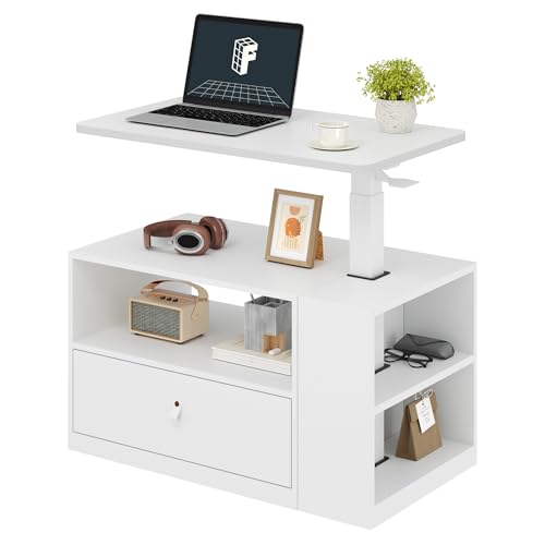 FLEXISPOT H7 CAB Height Adjustable Sit-Stand Computer Workstation Desk with Storage, Pneumatic Lift Laptop Desk with Drawer & Cabinet, Compact Small Space Home Office Desk (25.8"–41.3", White)