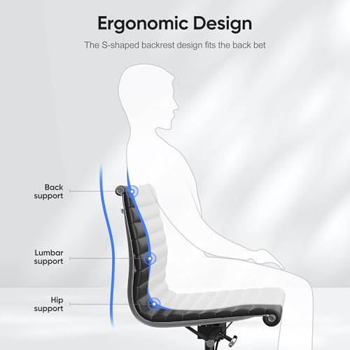 OTDMEL Armless Ribbed Office Desk Chair with Top Grain Leather, Mid Back Ergonomic Swivel Room Chair, Adjustable Height 5-Star Base, Black