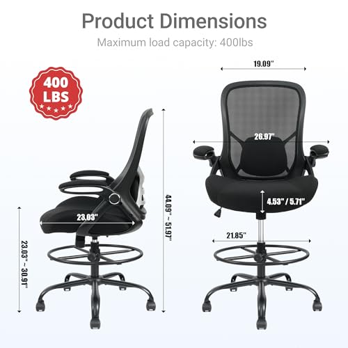HYLONE 400lbs Big and Tall Heavy Duty Drafting Chair 5" Thickened Seat Tall Office Chair Flip-Up Armrests Ergonomic Chair with Lumbar Support and Adjustable Footrest Ring Standing Desk Chair (Black)