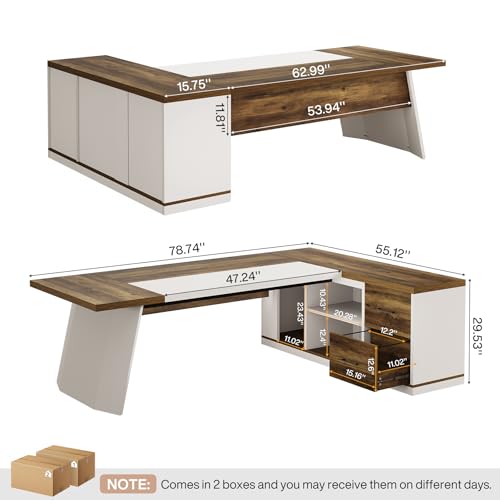 Tribesigns 78.7" L-Shaped Executive Desk, Modern Office Desk with 55.1" Storage Cabinet, Large Computer Table with Drawers, Business Furniture Workstation for Home Office, Brown & White