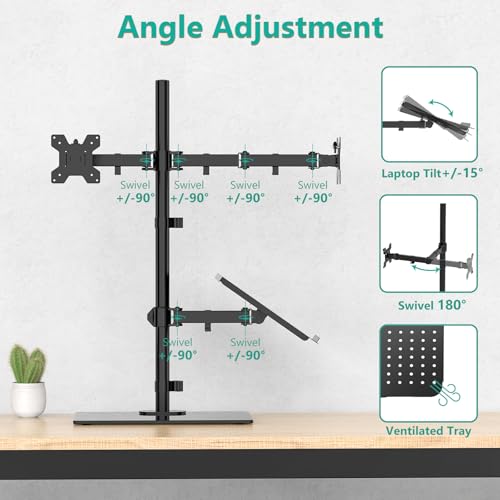 WALI Dual Monitor Stand with Laptop Holder, Height Adjustable Laptop Stand for Desk, Fits up to 27 inch Monitors and 17 inch Laptops, Freestanding Dual Monitor Mount with Glass Base(GMF003LP), Black