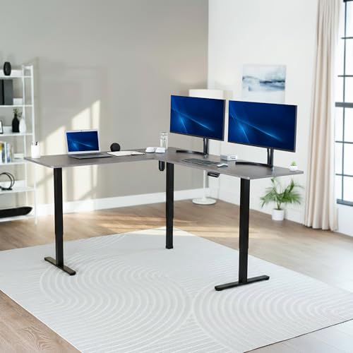 VIVO Corner Standing Desk, 75 x 63 inch Reversible L-Shaped Workstation, Electric Height Adjustment, Home, Office, and Reception Rooms, Dark Gray Table Top Black Frame, DESK-E3CTG-75