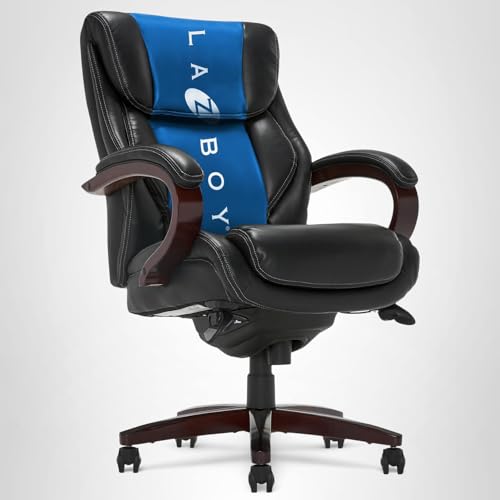 La-Z-Boy® Bellamy Executive Office Chair with Memory Foam Cushions, Real Wood Arms and Swivel Base, Waterfall Seat Edge, Faux Bonded Leather, Black