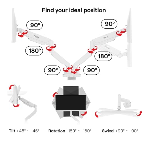 Pixio PS2D White Ultrawide Heavy-Duty Premium Dual Monitor Arm Stand Desk Mount - Fits up to 35 inches Two Monitors, Weights up to 33 lbs Each, Compatible with VESA 75x75mm 100x100mm