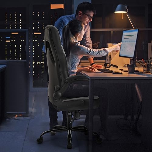 Sweetcrispy Computer Gaming Desk Chair - Ergonomic PU Leather with Comfy Lumbar Support, Height Adjustable Rolling Desk with Flip-up Armrests, for Home and Office