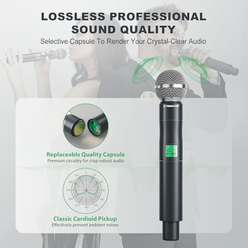 Phenyx Pro Wireless Microphone System, 4-Channel UHF Wireless Mic, Fixed Frequency Metal Cordless Mic with 4 Handheld Dynamic Microphones, 260ft Range, Mics for Singing, Church(PTU-5000-4H)