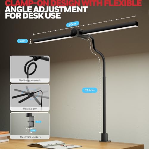 Honeywell Led Desk Lamp with Clamp - HJ4 Sunturalux™, Flexible Dual‑Head Clip‑On Gooseneck Desk Lamps for Home Office, 4 Color Temperature Modes, Stepless Dimming Eye Caring Computer Light, Black
