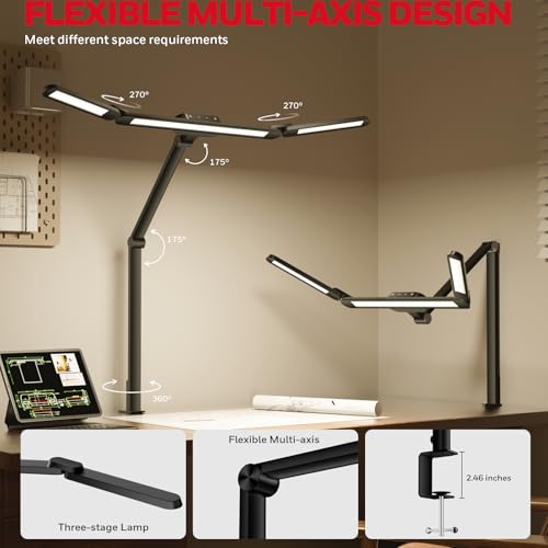 Honeywell LED Desk Lamp with Clamp - HJ3B Sunturalux Eye-Caring Desk Light for Home Office, 22W Ultra Bright 3-Section Adjustable Task Lamp with Stepless Dimming for Dual Monitor Lighting