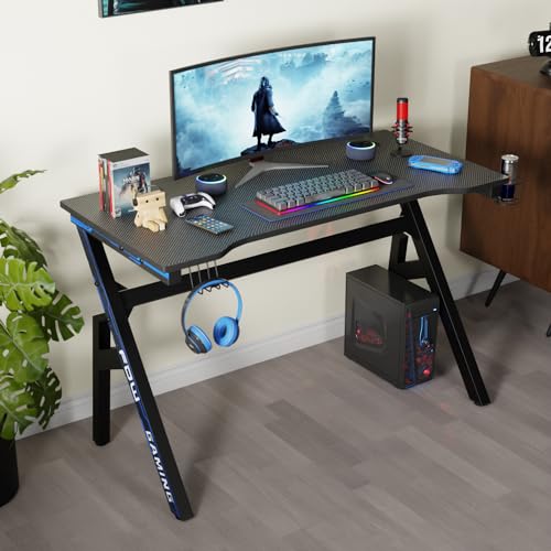 PayLessHere 47 Inch Gaming Desk PC Carbon Fiber Table Ultimate Gamer Workstation with Cup Holder & Headphone Hook for Home Office,Blue