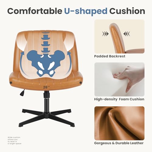 DUMOS Criss Cross Chair No Wheels, Wide Seat Cross Legged Office Desk Vanity Chair, Faux Leather Armless Height Adjustable Swivel Task Computer Chairs for Home, Study, Brown PU