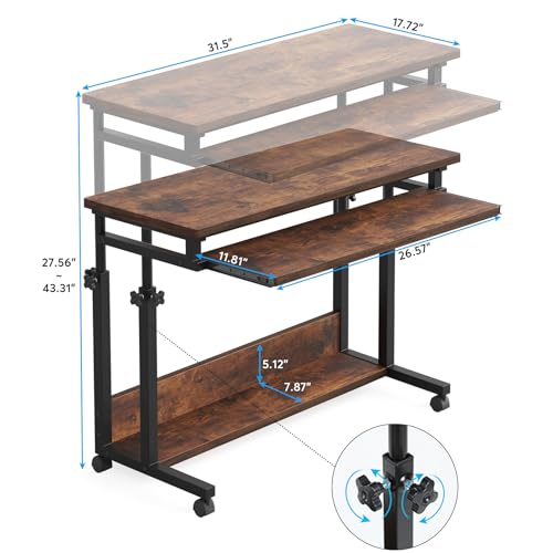 Tribesigns Portable Desk for Sofa and Bed, Height Adjustable Laptop Table Small Standing Desk Rolling Computer Cart with Keyboard Tray on Wheels for Home Office