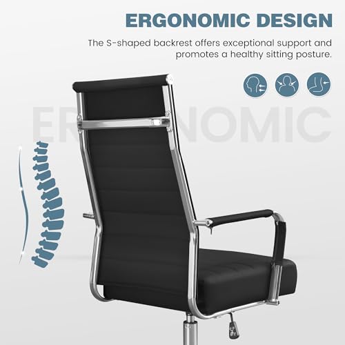 Office Desk Chair, Leather Conference Room Chairs with High Back,Wheels and Arms, Modern Ergonomic Ribbed Height Adjustable Swivel Executive Chair for Home Office (Black)