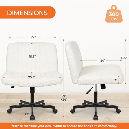 NEO CHAIR Criss Cross Chair with Wheels Home Office Cross Legged Armless Chairs Adjustable Computer Desk Wide Seat for Bedroom Vanity Comfy Swivel (Teddy White)