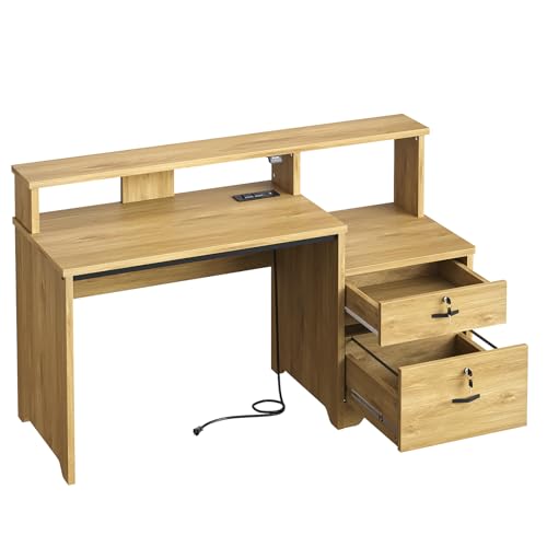Bestier 55" Computer Desk with Power Outlets & LED Lights, Home Office Desk with Lockable File Drawer & Printer Shelf, Monitor Stand, Modern Workstation for Gaming Study, Natural Oak