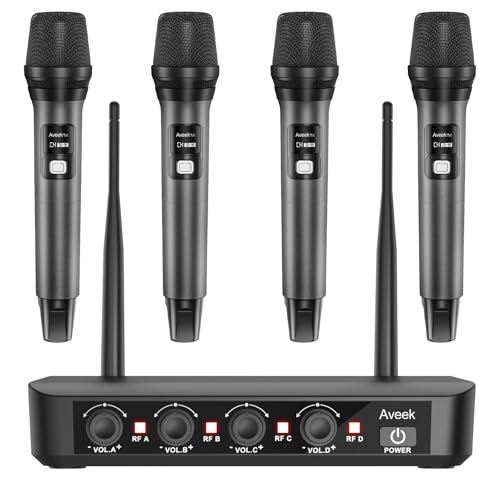 Aveek Wireless Microphone System with 4-Pack Dynamic Handheld Mics, 262ft Long Range, 40-Hour Battery, Low Latency Studio Sound for Karaoke, Singing, Speech, Church, Stage, Wedding, DJ & Events