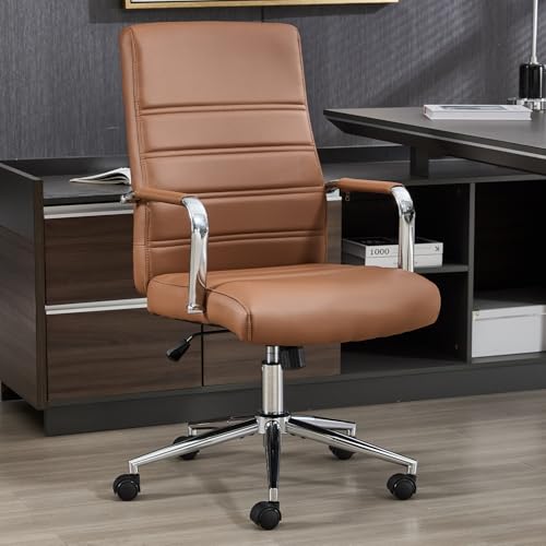 Office Desk Chair Leather, Conference Room Chairs with Wheels, Modern Executive Office Chairs Adjustable Height, Ergonomic Swivel Rolling Ribbed Computer Chair(Brown)