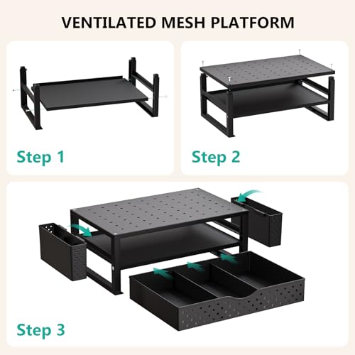 WALI Monitor Stand Riser with Drawer and 2 Pen Holders, Desk Organizers and Accessories for Computer, Printer, Laptop Stand for Home Office Supplies, (PTT004-B), 1 Pack, Black