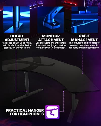 Arozzi Arena Angelo Gaming Desk with Storage - 88.6x28” Corner Desk - Curved Design Table, Fits 3 Large Screens with Adjustable Height - Full-Surface Mousepad - Gunmetal
