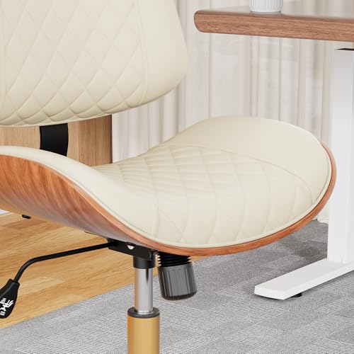 FervorFurn Home Office Desk Chair with Swivel Wheels, Modern PU Leather Armless Office Chair, Small Mid Back Computer Chair for Home Office, Reading Meeting Room (Beige, Gold Wheels)