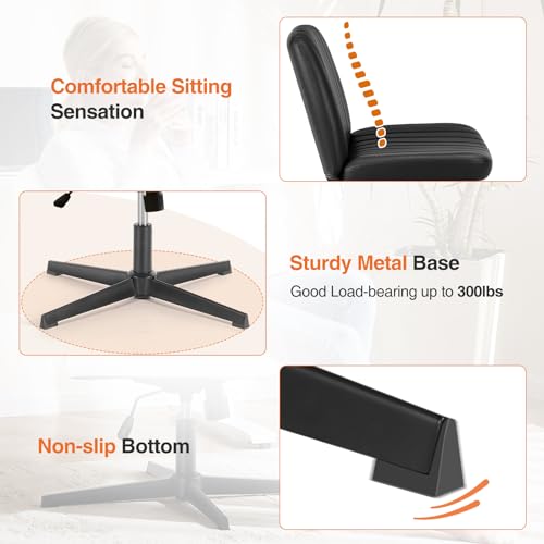 Sweetcrispy Criss Cross Chair Legged, PU Leather Armless Office Swivel Desk Chairs No Wheels, Vanity Height Adjustable Wide Seat Faux Leather Computer Task Chair for Home Bedroom, PU-Black