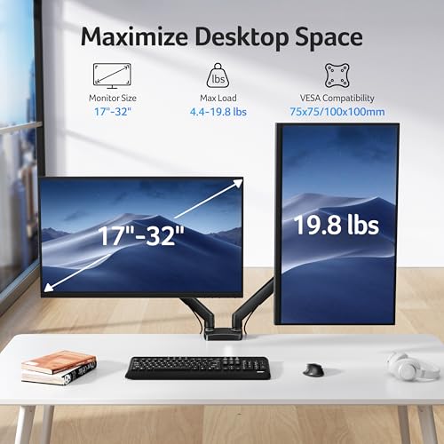 Acer Dual Monitor Arm, Computer Desk Arm with VESA Mounts for 17–32″ Screens, Fully Adjustable Gas Spring Monitor Stand, C-Clamp and Grommet Mounting Base, Fits 4.4 to 19.8lbs Computer Monitors