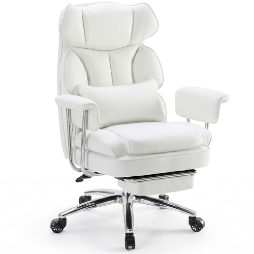 DUMOS Home Office Desk Executive Chair - Ergonomic Big Tall High Back with Footrest & Lumbar Support, Reclining Height Adjustable, Comfy PU Leather Computer Gaming with Swivel Wheels, White