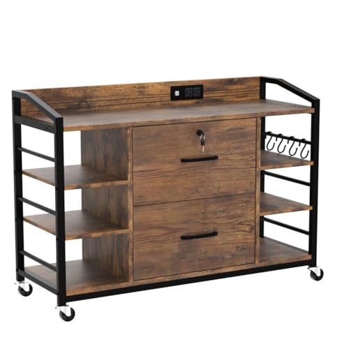 SEDETA 44" File Cabinet, Filing Cabinet fits Legal/Letter Size, 2 Drawer File Cabinets for Home Office with Lock, Power Strip, 6 Storage Shelves, Rustic Brown