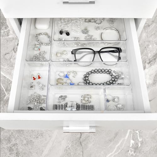 Manalete Drawer Organizers Set of 15, 4 Sizes Clear Plastic Drawer Organizers and Storage Bins for Kitchen, Bathroom, Office, Dresser Desk Drawer Organizer Tray for Jewelry, Makeup, Junk, Gadgets