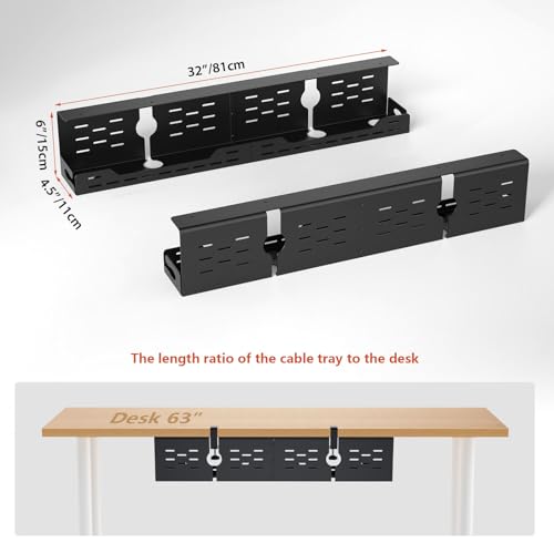Univivi Under Desk Cable Management Tray - 32" Steel Cord Organizer, No-Drill C-Clamp & Screw Mount for Office/Home, Effortless Wire Management (Black)