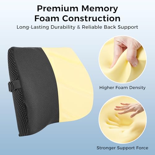 TISHIJIE Lumbar Support Pillow for Car & Office Chair - High-Density Memory Foam Back Cushion for Sciatica & Lower Back Pain Relief - Non-Slip Support for Long Commutes & Desk Workers (Black)