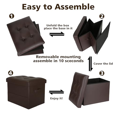 BelugaHelper Storage Ottoman Foot Rest Stool, Foldable Leather Footstool Storage Bench with Thicker Foam Padded Seat. Foot Rest Under Desk for Living Room Bedroom 350 lbs, 17x13x13 in, Brown
