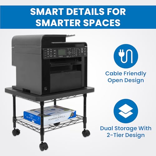 Mount-It! Under Desk Printer Stand with Wheels | Mobile Printer and Fax Cart with Storage Shelf for Office and Home Use, 2 Tiers (Black)