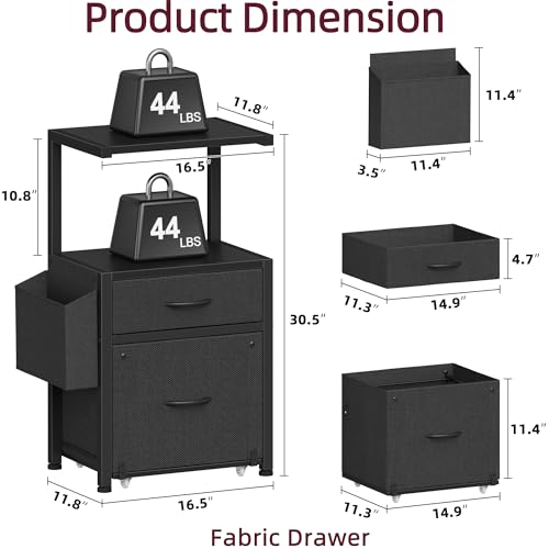 HIGDBFE File Cabinet with 2-Tier Shelf, Letter Size Drawer Filing Cabinet with Reversible Side Bag, Vertical Office Cabinet Printer Stand with Storage for Home Office, Black, 16.5" W