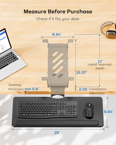 HUANUO Keyboard Tray Under Desk, Adjustable Ergonomic Keyboard & Mouse Tray, Flat Bottom Or Cross Beam Installation, Smooth Sliding Keyboard Holder for Typing in Home Office, Easy Setup, 25″W x 9.84″D